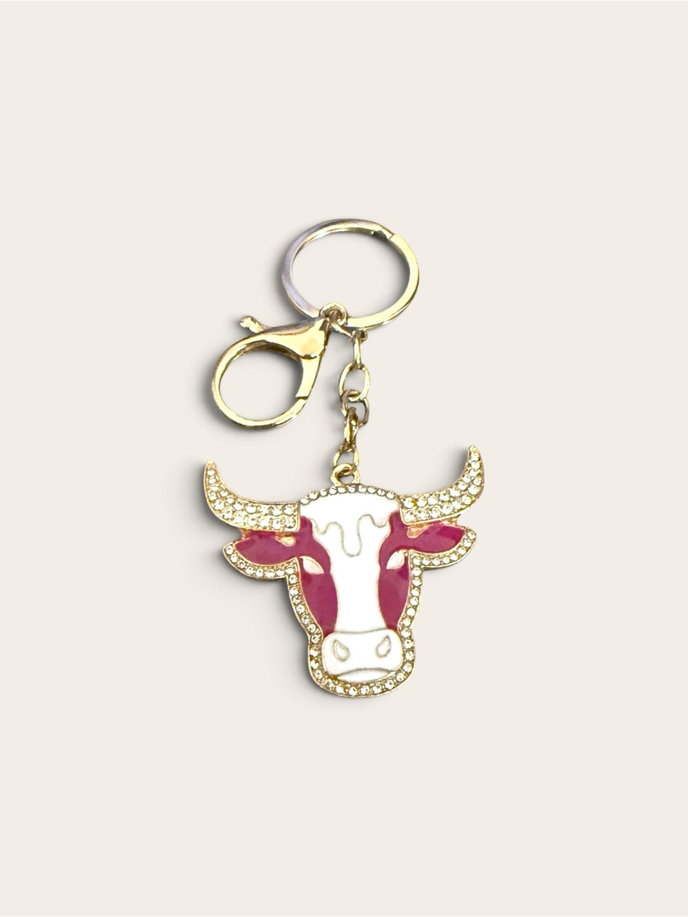 Gold-Tone Pink & White Cow Keychain Charm